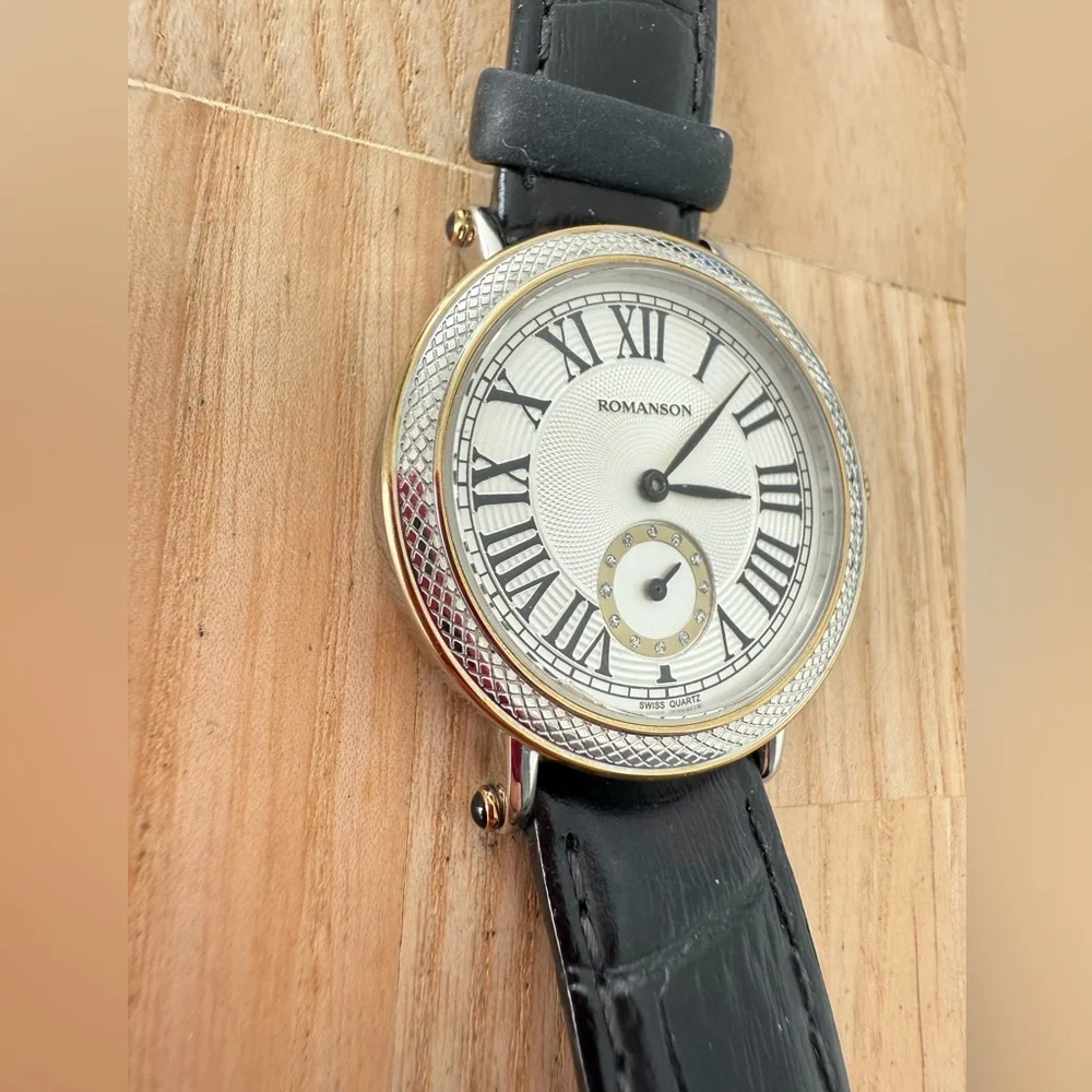 Romanson Swiss Quartz black leather watch NEW BATTERY